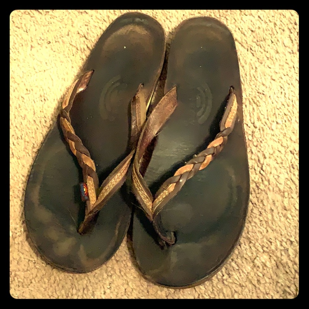 Rainbow braided flip flops